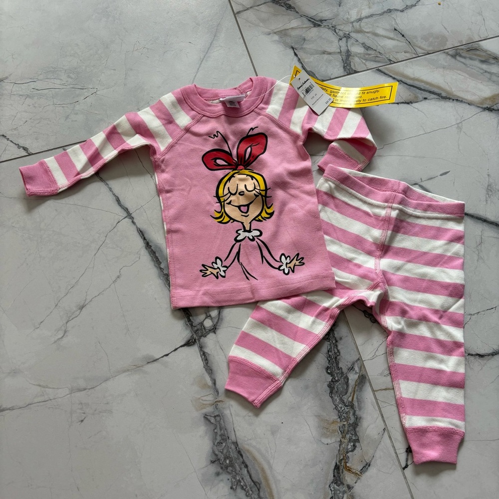 Hanna Andersson Pink Striped Pajama Set with Cartoon Design